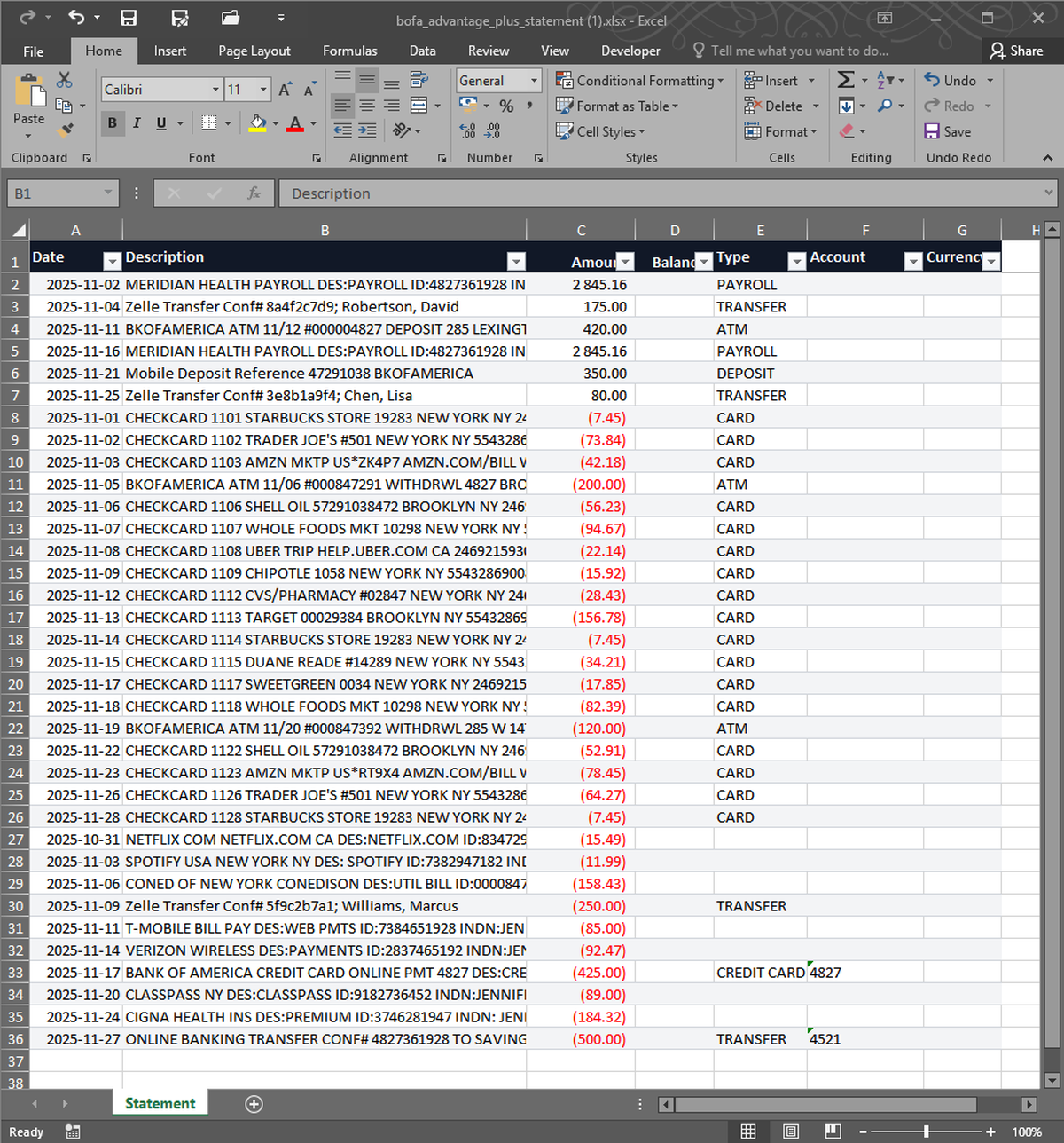 Excel spreadsheet with extracted Bank of America transactions sectioned by type