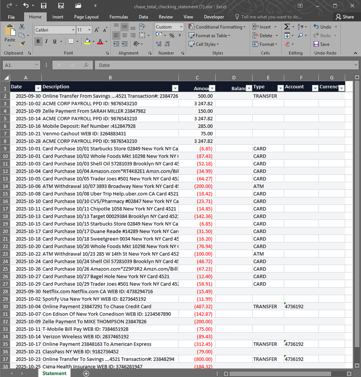 Excel spreadsheet with 38 rows of extracted Chase transactions