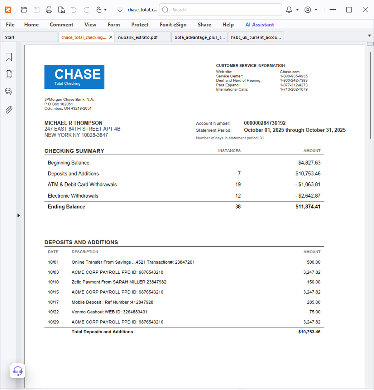 Chase Total Checking PDF statement showing 38 transactions across 3 pages
