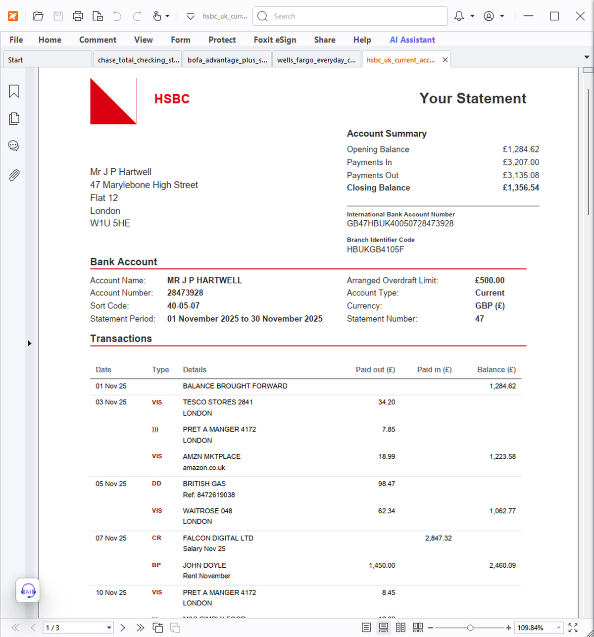 HSBC UK Current Account PDF statement in GBP showing 39 transactions