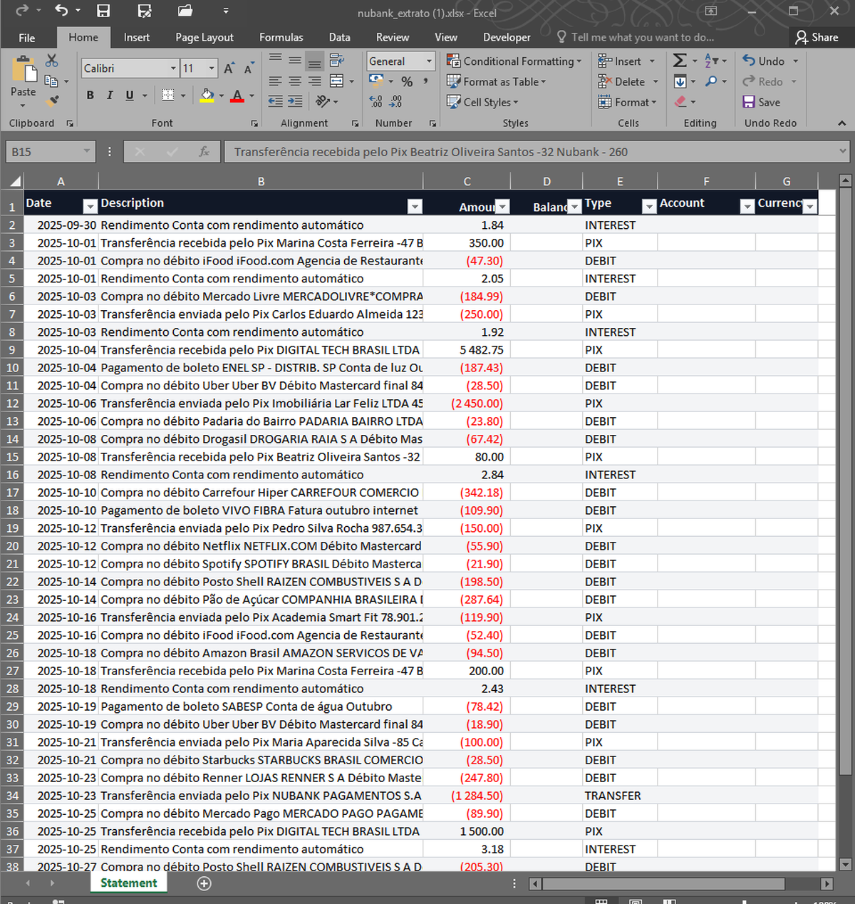 Excel spreadsheet with extracted Nubank transactions including PIX and debit entries