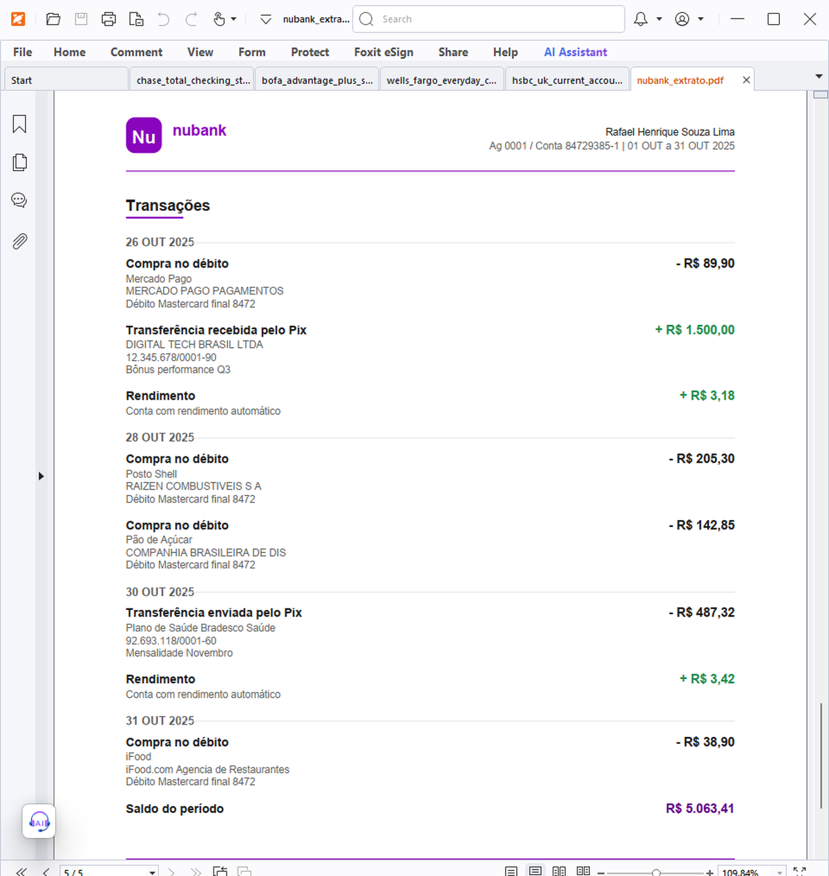 Nubank Extrato PDF statement in Brazilian Portuguese, BRL, 41 transactions
