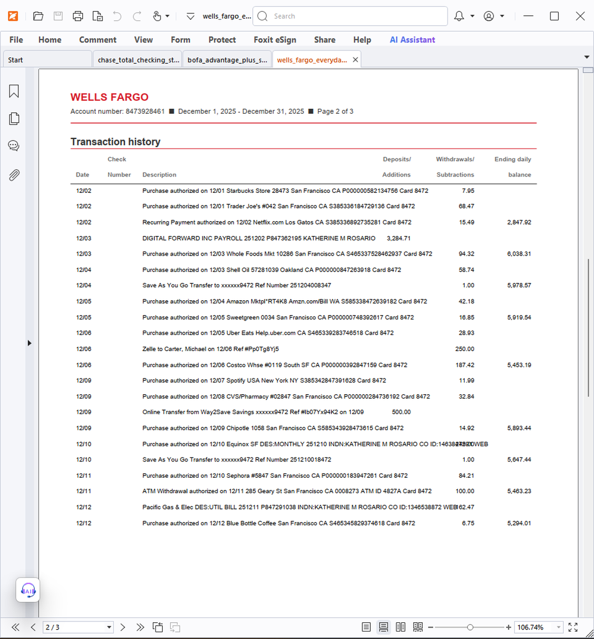Wells Fargo Everyday Checking PDF statement showing 49 transactions